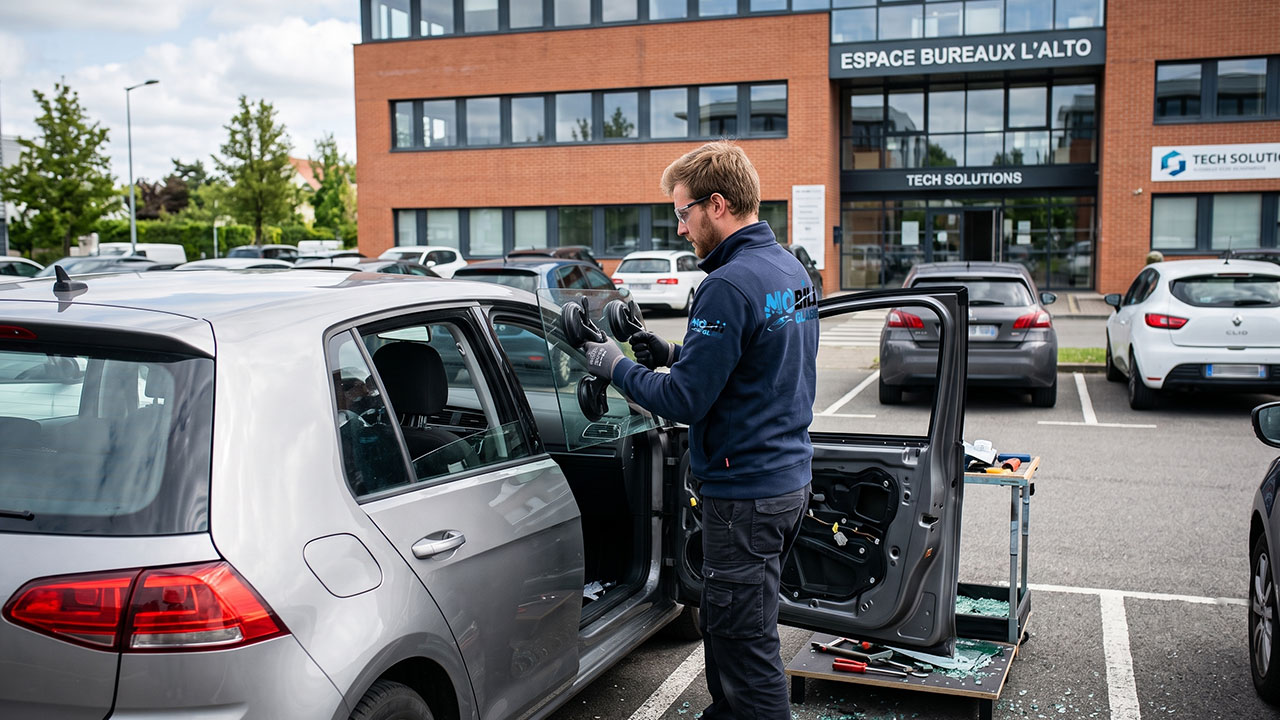 Remplacement de pare-brise sur le parking d'une entreprise